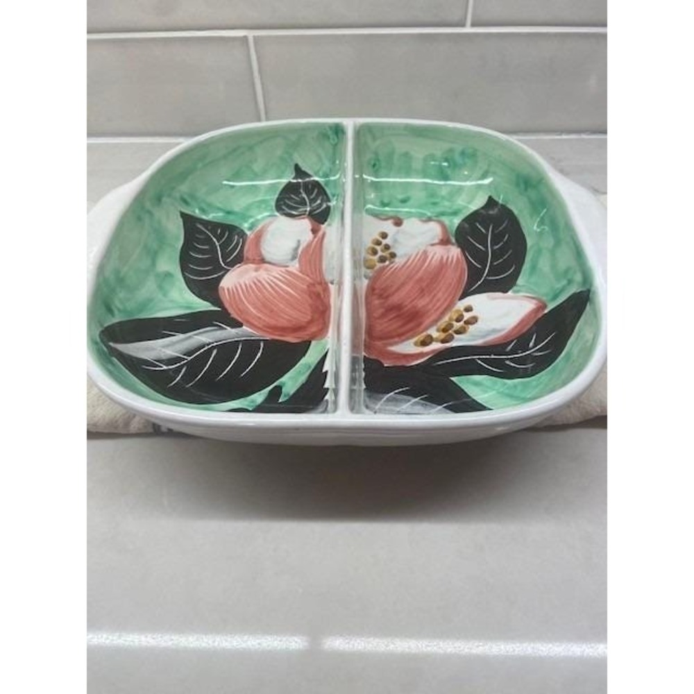Divided Serving Dish Floral Pink Green Vintage From Italy Hand Painted Ceramic. - Picture 12 of 13